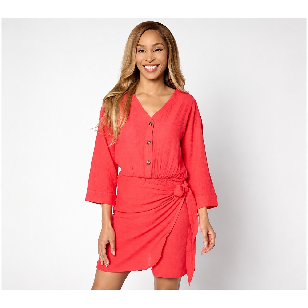 AnyBody Regular Y-Neck Drop Shoulder Wrap Romper Coral Red, X-Large